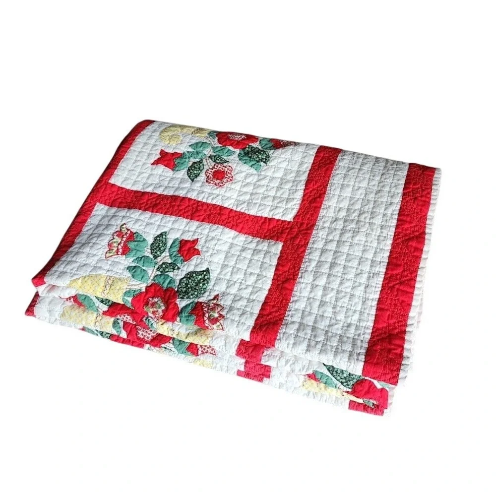 1940s HANDMADE Floral Basket Appliqué‎ Quilt Red Sashing Americana 98x65